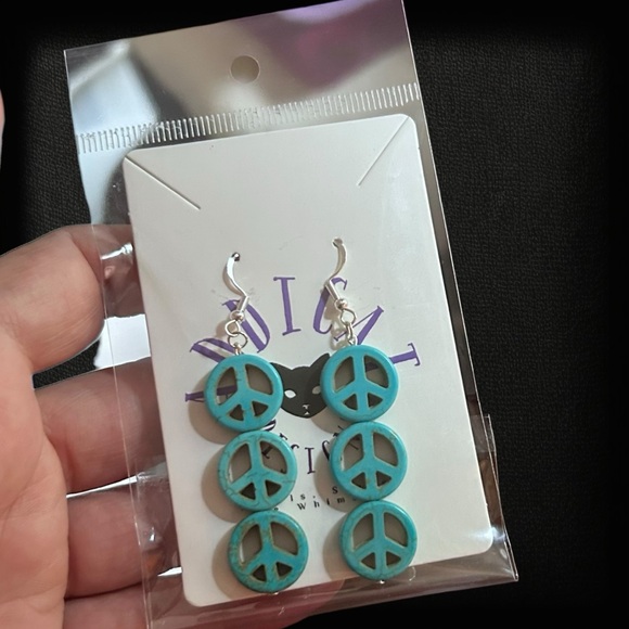 Handmade Earrings Peace Sign Turquoise Hippie Boho Dangle Silver Green - Picture 3 of 8